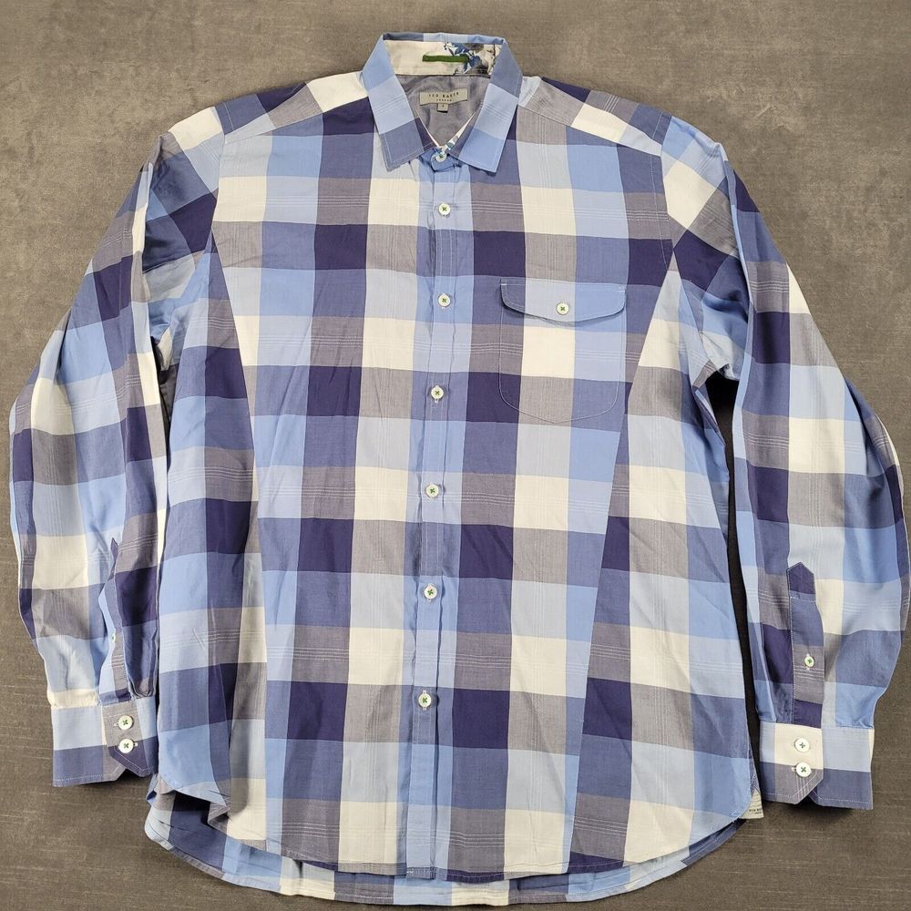 Ted Baker London Plaid Blue White Button Up Long Sleeve Shirt Mens Size 4